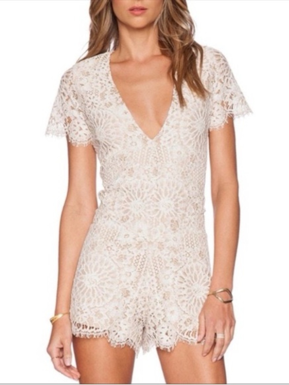 Alexis Alain Cream Tan Lace Romper  XS Bridal Lacey Cowgirl